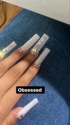 All White Nails With Gems, Simple Long Nails With Gems, White Long Nails With Gems, Rhinestone White Nails, Plain White Nails With Rhinestones, Long Acrylic Nails Rhinestones, Nail Diamonds Ideas, Gems On Nails Ideas, Long Acrylic Nails Gems