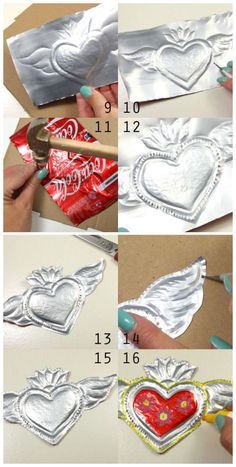 the instructions for how to make a heart shaped candy box with foil and glue on it