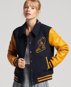 Womens Navy Blue Vintage Varsity Jacket Leather Sleeves Vintage Varsity Jacket, Varsity Jacket Women, Custom Leather Jackets, Vintage Varsity, Leather Sleeves, Real Leather Jacket, Leather Sleeve, Yellow Leather, Baseball Jacket