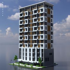 a very tall building sitting on top of a body of water next to a tree