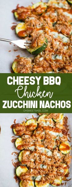 cheesy bbq chicken zucchini nachos on a baking sheet