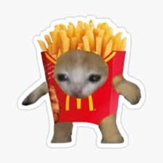 an alien eating french fries in a red box with mcdonald's sticker on it