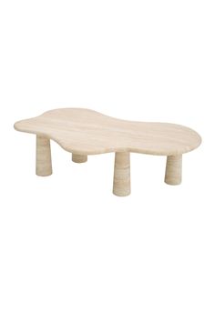 a wooden table with three legs and a curved design on the top, against a white background