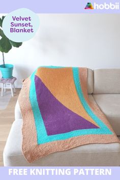 a couch with a blanket on top of it and the text, velvet sunset blanket free knitting pattern