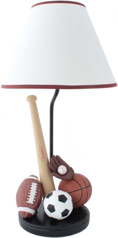 Football, Basketball, Baseball and Soccer Lamp. Every small athlete will love this lamp - perfect for active kids that do it all! And the matching night light is an absolute winner! INCLUDES MATCHING NIGHT LIGHT! Hand painted artist's resin Lamp is 19.5 inches tall European artist designed Baseball Lamp, Sports Table, Kids Table Lamp, Childrens Lamps, Kids Lamps, Active Kids, Bright Lights, Beautiful Lamp, Leaf Art