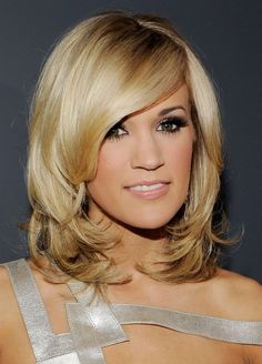 medium length hair cut | Cute Medium Layered Hairstyle With Bangs Oblong Face Hairstyles, Carrie Underwood Hair, Swoop Bangs, Hair Cuts And Styles, Side Bangs Hairstyles, Layered Hair With Bangs, Oval Face Haircuts, Oval Face Hairstyles