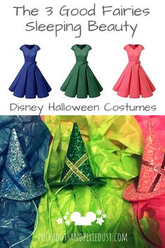 the three good fairies sleeping beauty costumes are shown in different colors and sizes, with text overlay