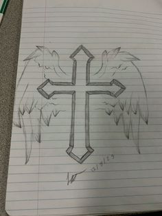 a drawing of a cross with two wings on it and an arrow in the middle