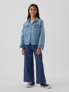 Authentic, no-stretch denim relaxed jeans.  Double button at center front Gap Relaxed Fit Jeans For Spring, Fall Denim Bottoms By Gap, Gap Casual Spring Jeans, Trendy Gap Denim Jeans, Gap Dark Wash Denim Bottoms, Wide Leg Ankle Jeans, Non-stretch Five Pockets Dark Wash Cropped Jeans, Faux Snap, Dark Wash Pre-washed Recycled Denim Jeans