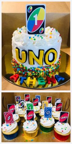 a cake and cupcakes with the number one on it are shown in two different pictures