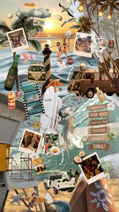 a collage of photos and pictures on the beach