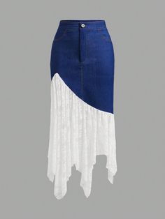 Sexy Women's Elegant Asymmetrical Fish-Tail Hem Contrast Lace Imitation Denim Skirt Blue Elegant   Woven Fabric Colorblock Asymmetrical Medium Stretch  Women Clothing, size features are:Bust: ,Length: ,Sleeve Length: Upcycle Jeans Skirt, Upcycled Denim Skirt, Blue Printed Skirt, Diy Denim Skirt, Couture Mode, Upcycle Jeans, Denim Skirt Women, Denim Diy, Women Skirts