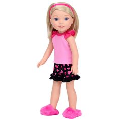 a doll with blonde hair and blue eyes wearing pink shirt and black polka dot skirt