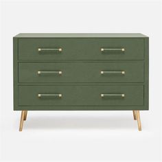 a green chest of drawers with gold handles