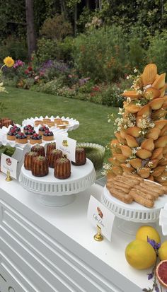 an assortment of pastries and desserts displayed on a buffet table in a garden