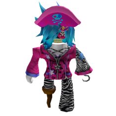 a cartoon character with blue hair wearing a pink pirate hat and holding a small umbrella