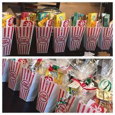 two pictures side by side with popcorn bags and candy