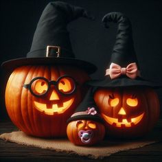 two pumpkins with faces carved to look like they're wearing glasses and hats