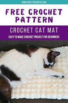 a black and white cat sleeping on a crochet mat with text overlay reading free crochet pattern crochet cat mat easy to make crochet project for beginners