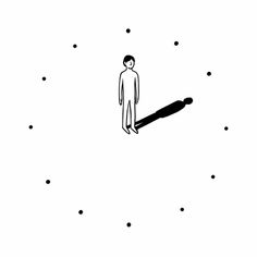 a black and white drawing of a man standing in the middle of an area with dots