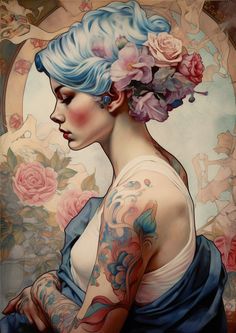 a painting of a woman with flowers in her hair and tattoos on her arm, looking to the side