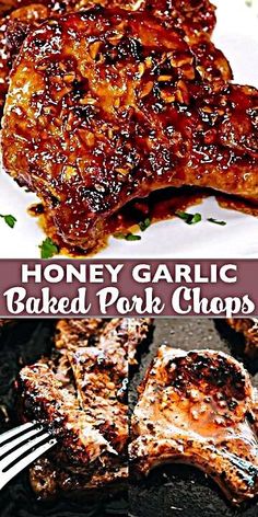 honey garlic baked pork chops on a grill with fork and plated food in the background