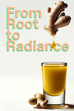 a glass filled with orange juice next to some gingers and an object that says from root to radiance