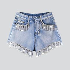 Look absolutely chic this summer with our diamond fringe embellished denim shorts from the 2023 Summer Collection—a perfect showcase of today's spirited fashion trends and vintage allure!Distinctive Features: Y2K Style: A bold and beautiful look from the past, reimagined for the modern day. High-Waist: Showcase your figure with style and grace. Straight Fit: Perfectly balances comfort and sophistication. Diamond Fringe Embellishment: Elegance and panache with every move. Zipper & Button Closure: Denim And Diamonds, Nashville Outfits, Denim Ideas, Embellished Denim, Oversized Denim Jacket, Urban Street Style, Jeans For Short Women, Stylish Clothes For Women, Bold And Beautiful