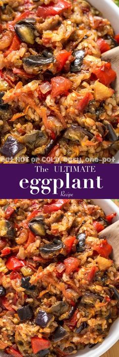 an eggplant casserole in a white dish with the title above it