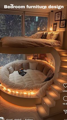 the bed room furniture design is lit up with fairy lights and looks like a spiral staircase