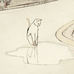 a drawing of a cat standing on the edge of a puddle with trees in the background