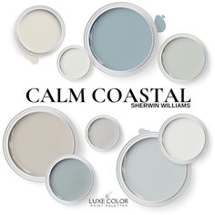 Calm Coastal Paint Color Palette ~ Coastal Colors Sherwin Williams~ Beach House Colors and Coastal Exterior Paint Colors Coastal Exterior Paint Colors, Calm Coastal, Coastal Paint Colors, Coastal Paint, Beach House Colors, Sherwin Williams Color Palette, Coastal Exterior, Coastal Inspiration, Farmhouse Coastal