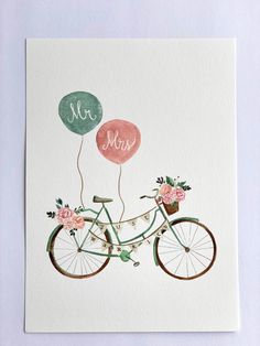 a card with a bicycle holding two balloons and the words mr and mrs on it