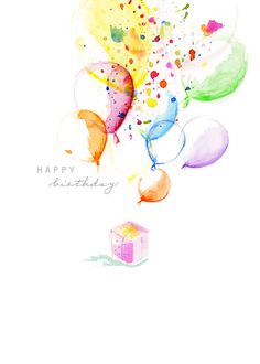 a watercolor painting of balloons and streamers with the words happy birthday on it