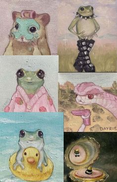 four pictures of different animals and people in the same painting, each with an animal on it