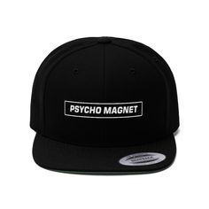 Attracting the wrong partners lately? Here's a Psycho Magnet garment just for you. Unisex Flat Bill Hat - This Yupoong 6-panel cap is a modern take on a classic design. This cap is a perfect choice thanks to its sharp styling, spirited color and lively green underbill. The old-school snapback closure and iconic flat bill add a subtle charm that takes you back to the good ol' days. .: 80% Acrylic 20% Wool .: Green underbill .: 7-position adjustable snap closure .: Structured and high profile silh Flat Bill Hat, Profile Silhouette, Flat Bill Hats, 6 Panel Cap, Old School, Caps Hats, The Good, Accessories Hats, Baseball Hats