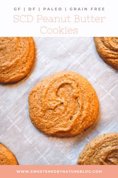 peanut butter cookies with text overlay that reads gf d i pale grain free scd peanut butter cookies