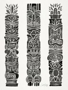 three totems are shown in black and white, each with different designs on them