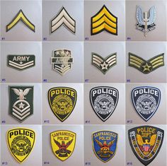 many different police badges are shown here