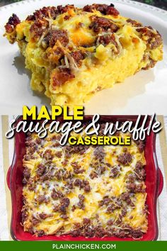 a casserole with sausage and waffle toppings on it is in a red dish