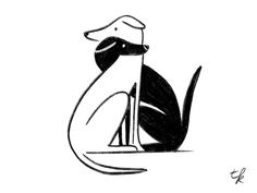 a black and white drawing of a dog with a hat on it's head