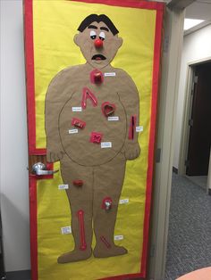 a bulletin board with an image of a man's body and parts on it