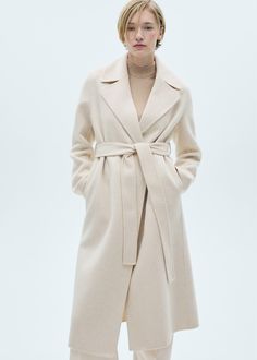 Wool coat with handmade belt - Women | MANGO USA Mango Coat, Chic Coat, Handmade Belts, January 2023, Wrap Coat, Classic Coats, Wool Blend Coat, Coat Women, Mixing Fabrics