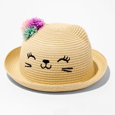 This paper straw, bowler-style hat, embellished with faux flowers, features a gorgeous cat face. Breathable & airy, this straw hat is perfect for summer-time activities. Hat by Claire's Club One size Material: Paper Suitable for ages 3-6 - Claire's Club Straw Bowler Hat Playful Adjustable Hats For Spring, Novelty Summer Party Hats, Playful Spring Bucket Hat, Playful Brimmed Sun Hat For Spring, Playful Brimmed Hats For Summer, Playful Brimmed Summer Hat, Playful Sun Hat With Uv Protection For Spring, Fun Brimmed Sun Hat For Spring, Cute Summer Hats With Uv Protection