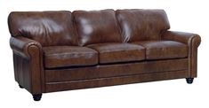 a brown leather couch sitting on top of a white floor