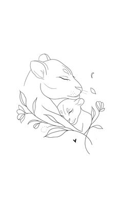 a black and white drawing of a cat sleeping on top of a branch with leaves