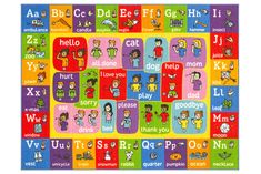 a colorful children's rug with many different words and pictures on the front, including letters