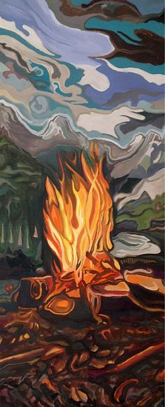 an oil painting of a campfire with mountains in the background and clouds above it