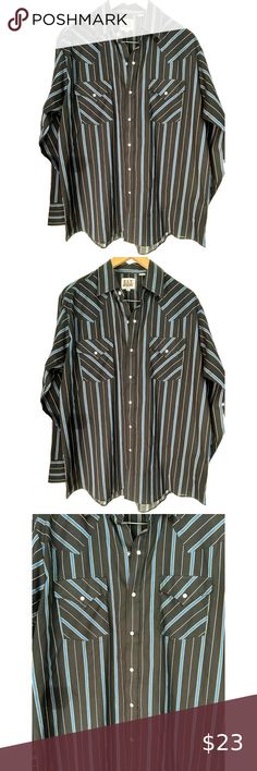 Ely Cattleman Shirt Mens L Pearl Button Snap Long Sleeve Western Striped Pocket