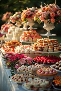 a table topped with lots of different types of desserts